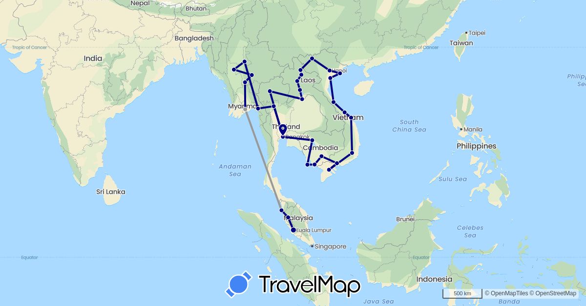 TravelMap itinerary: driving, plane in Cambodia, Laos, Myanmar (Burma), Malaysia, Thailand, Vietnam (Asia)